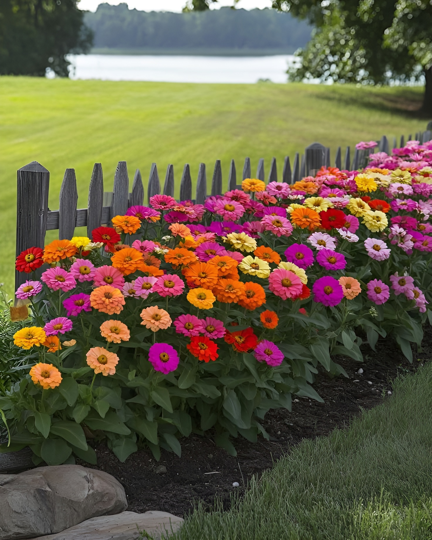 Beautiful bush with colorful flowers and manicured lawn